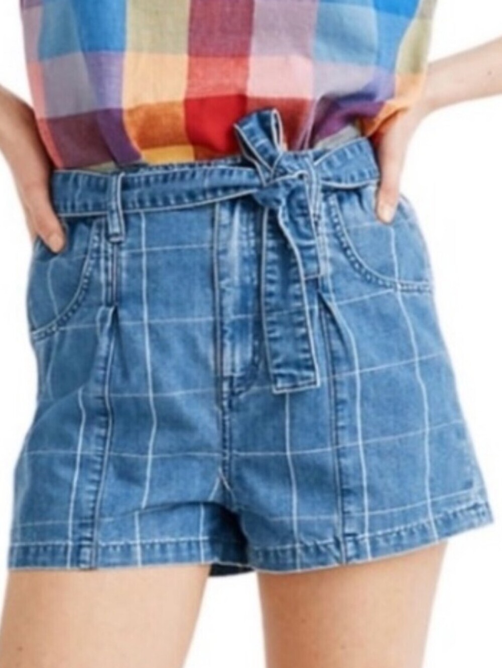 Madewell High-Rise Blue Windowpane Checked Denim Shorts with Tie Belt Size 29